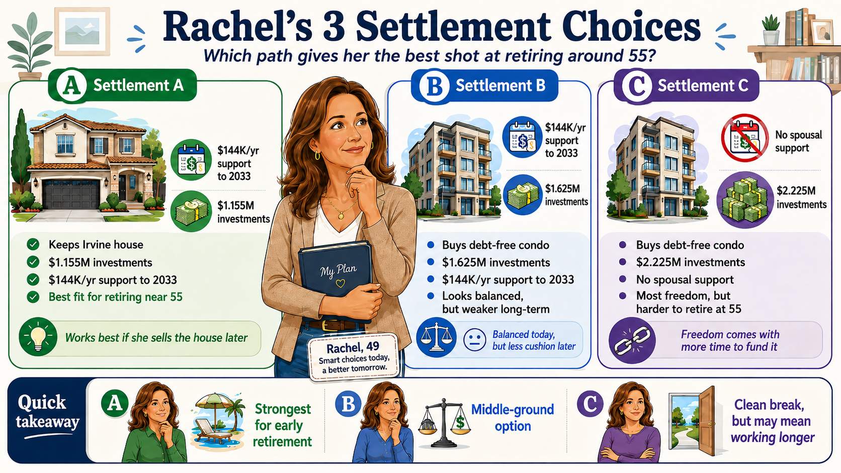 Rachel’s three settlement choices